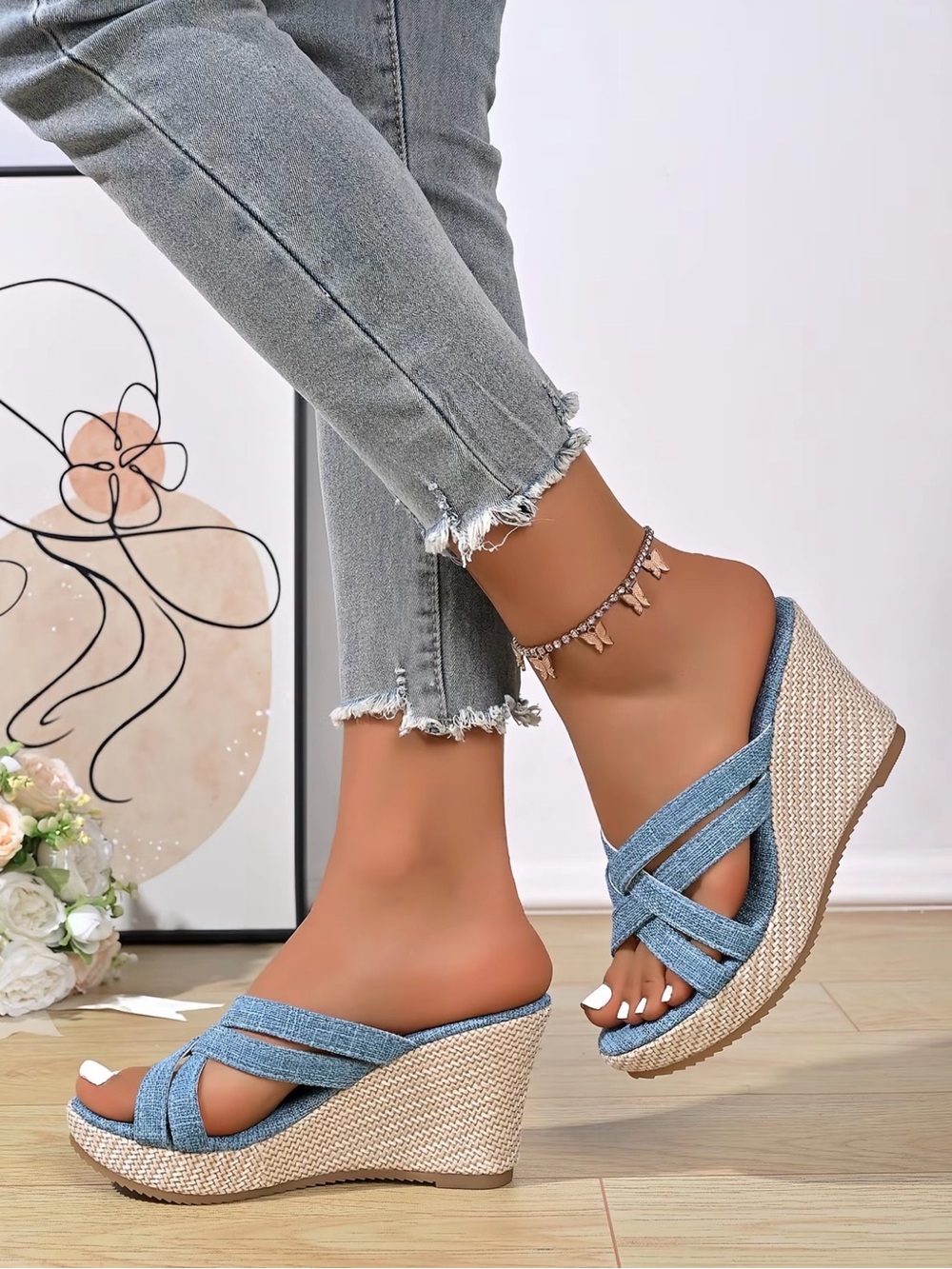 Denim Blue Crisscross Wedge Sandals for Women
